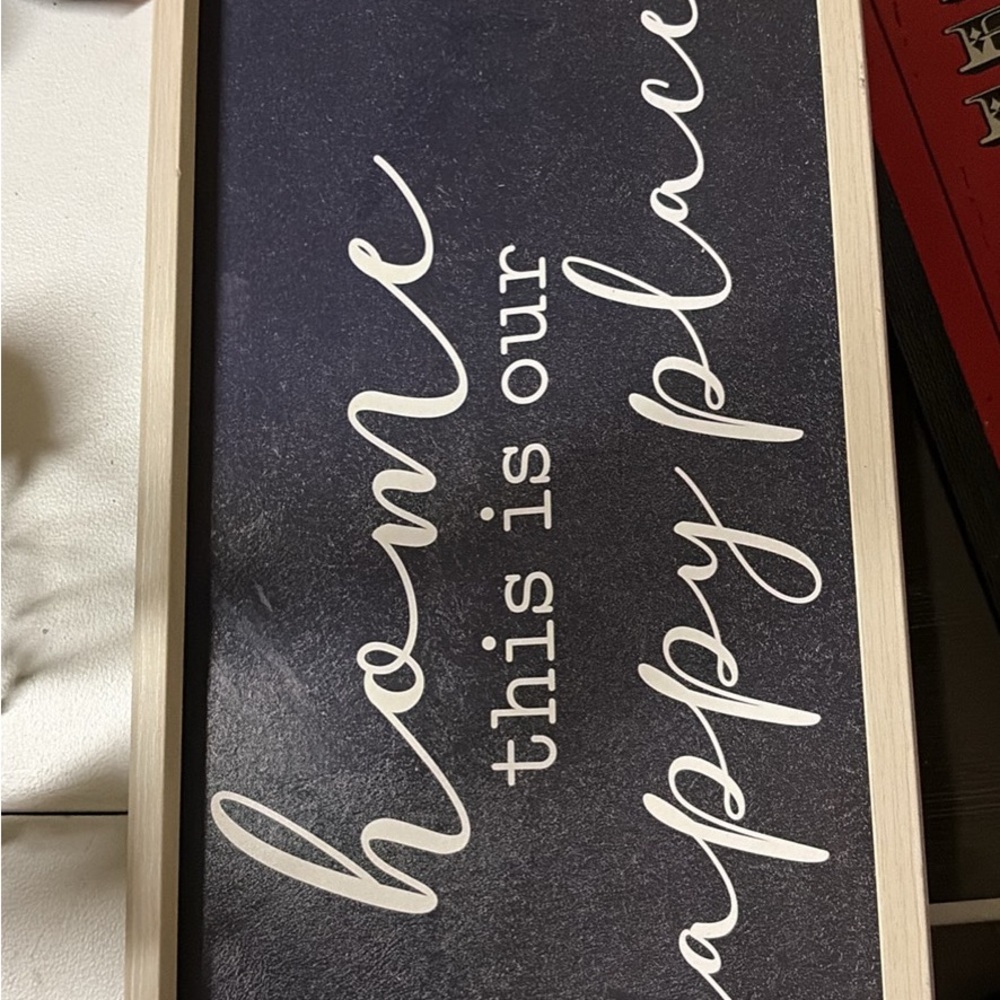 Navy and White "Home This Is Our Happy Place" Framed Wall Sign